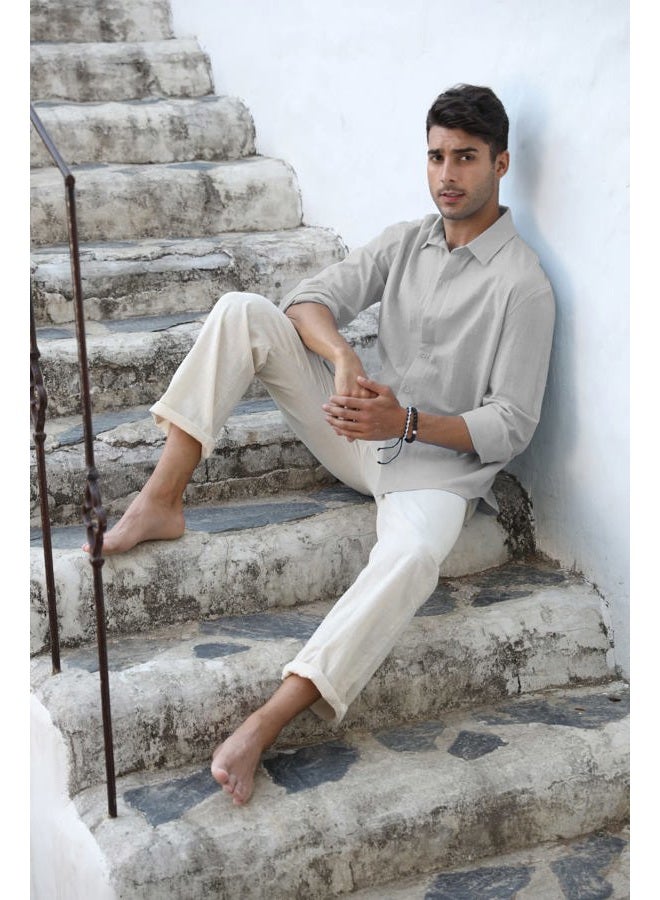 Runcati Mens Button Down Shirt Linen Cotton Shirts Casual Long Sleeve Spread Collar Lightweight Beach Plain Tops, 01 Gray, M - Image 2