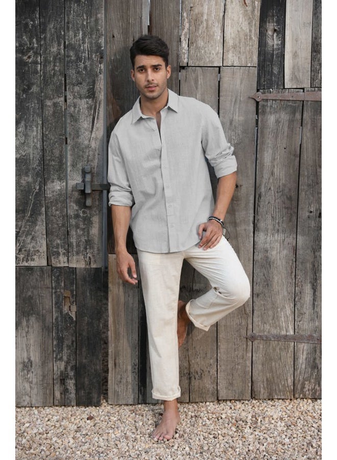 Runcati Mens Button Down Shirt Linen Cotton Shirts Casual Long Sleeve Spread Collar Lightweight Beach Plain Tops, 01 Gray, M - Image 3
