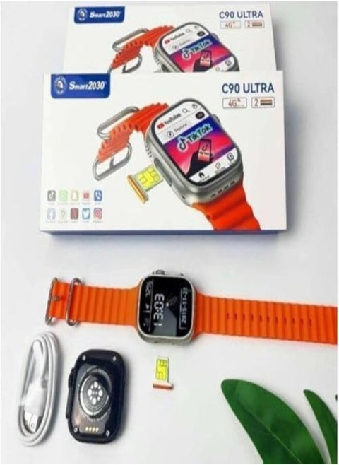 Smart 2030 C90 Ultra Smart Watch 4G Network Android Smart Watch 2 Pairs Strap with Support Mobile SIM Card with Google Play Support for All Apps as a Mobile Phone in Your Hand (Black)