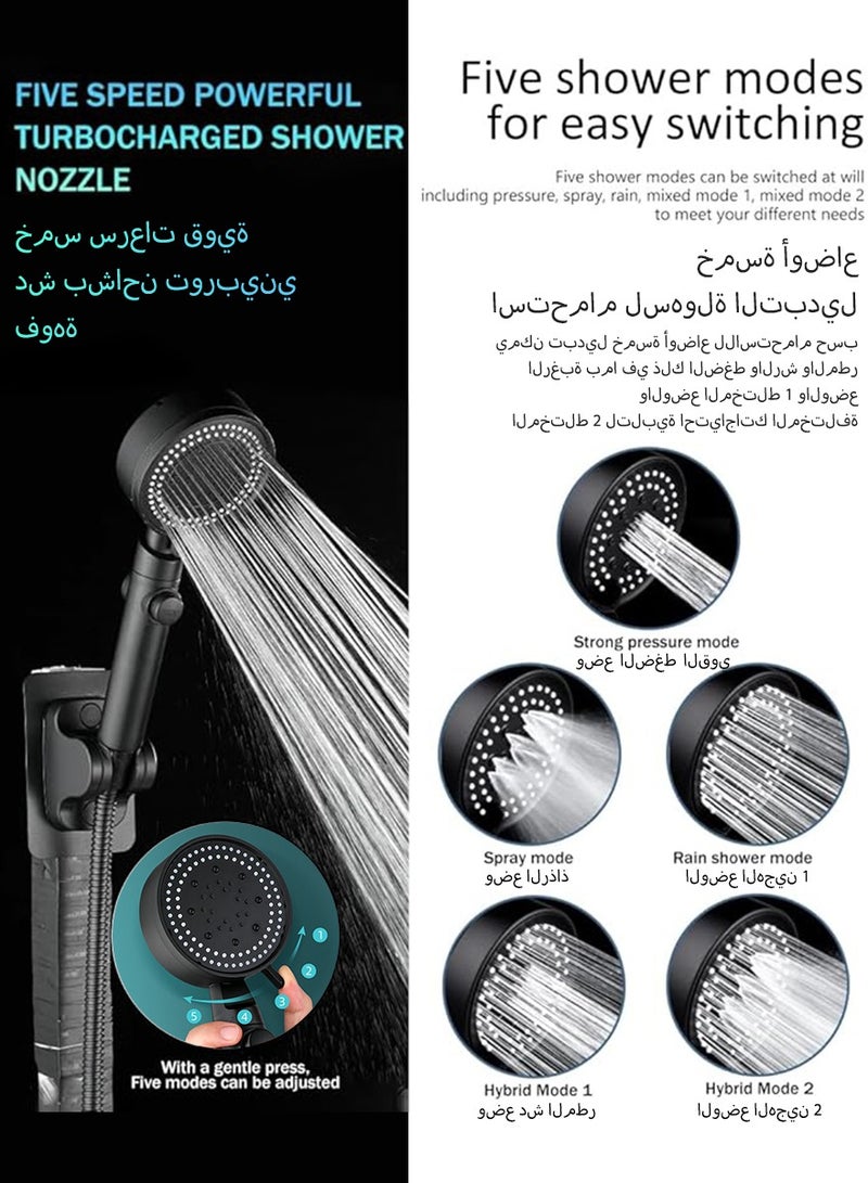DPTER High Pressure 5 Mode Handheld Showerhead - Anti Clogging Nozzles, Built-In Power Wash for Tub, Tile and Pet Cleaning, Extra Long 8ft Stainless Steel Hose, No-Punch Wall Bracket - Image 4