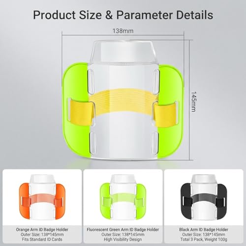 vipolish 3 Pack Clear Arm Badge Holders Armband ID Card Holder with Adjustable Elastic Strap MultiPurpose ID Badge Holder for for Work Gym Running Outdoor Sports Green Black Orange - Image 3