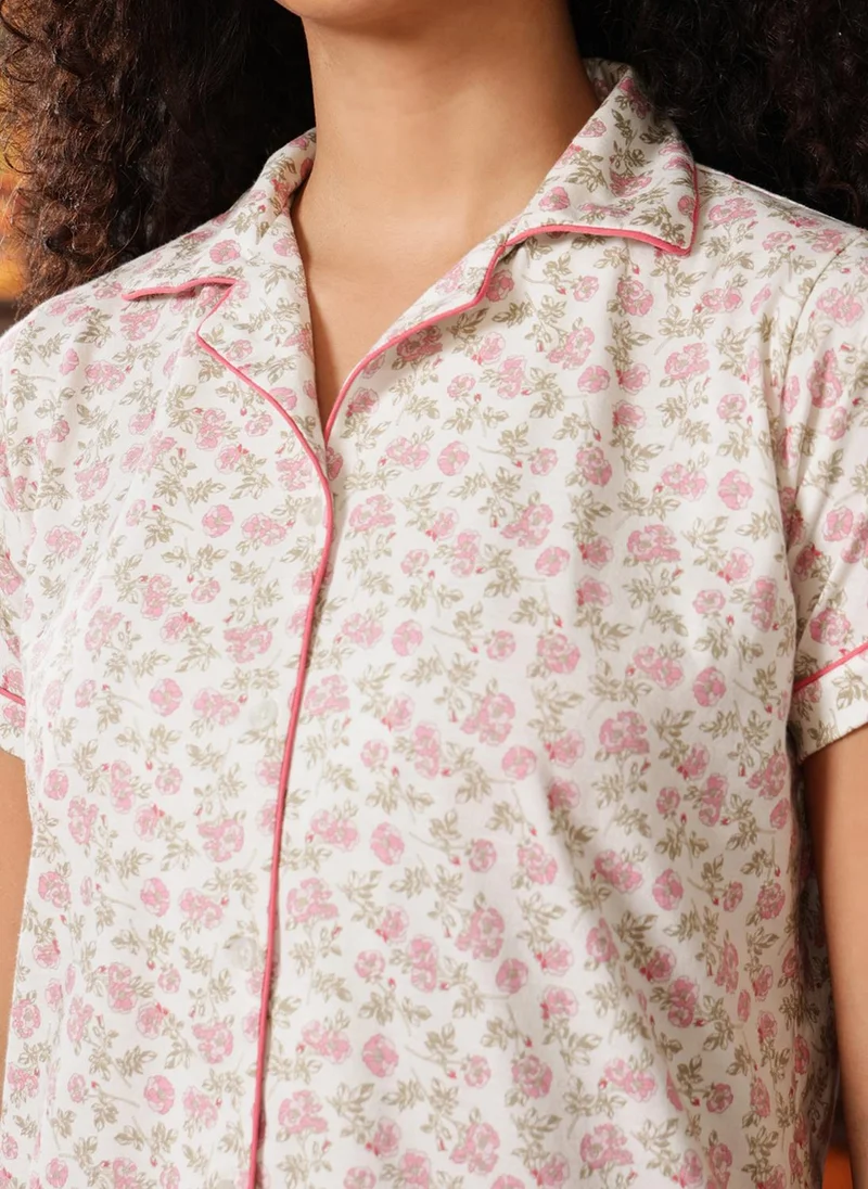Clovia White Clovia Floral Print Button-Down Night Suit in White - 100% Cotton for Women | Best Price UAE