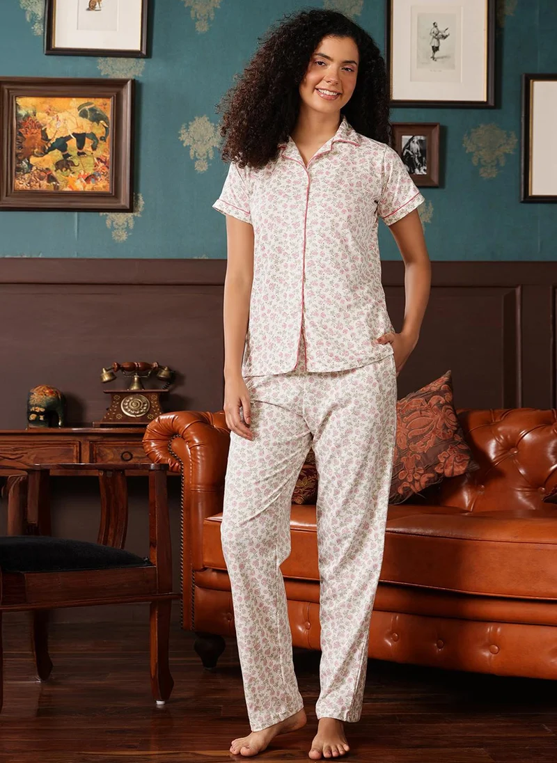 كلوفيا Clovia Floral Print Button-Down Night Suit in White - 100% Cotton
