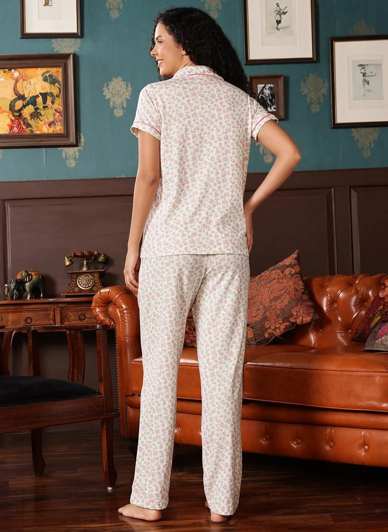 Clovia White Clovia Floral Print Button-Down Night Suit in White - 100% Cotton for Women | Best Price UAE