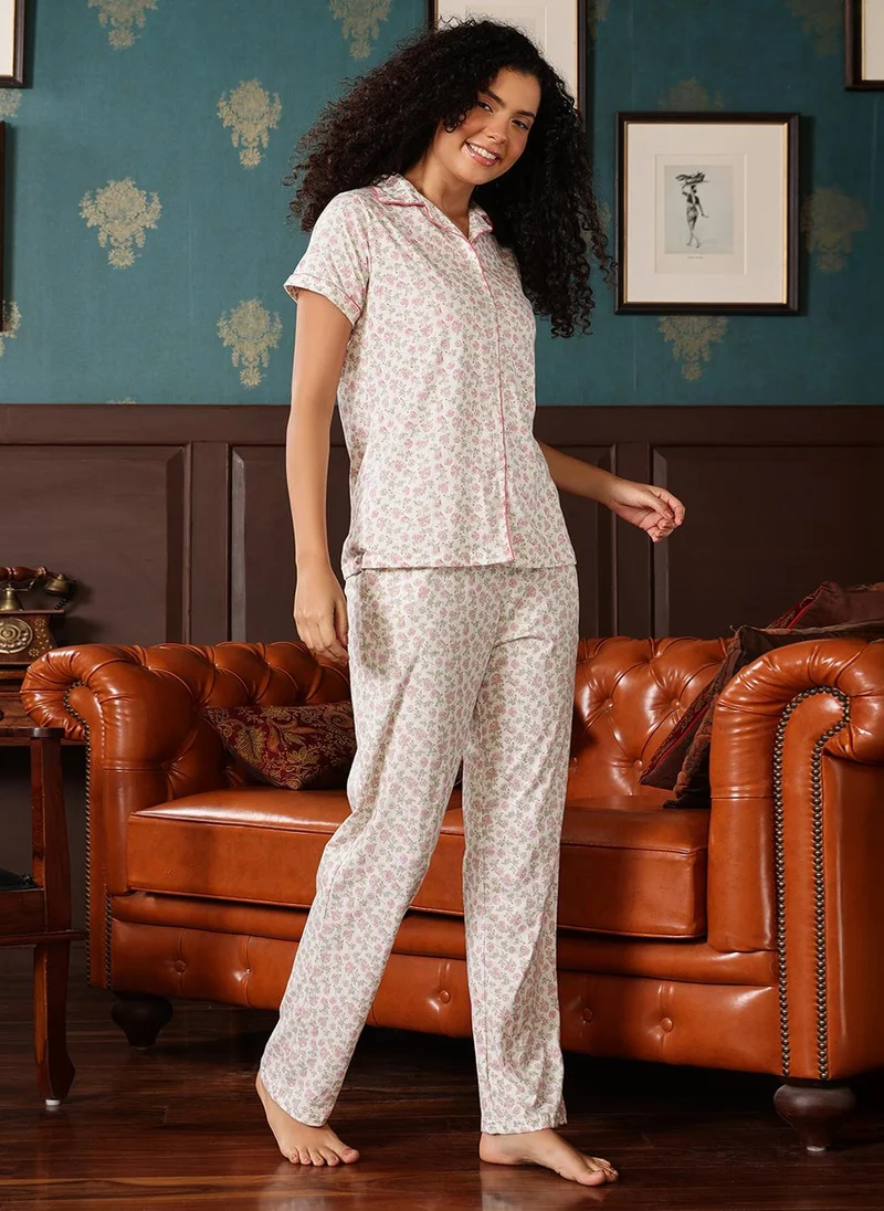 Clovia White Clovia Floral Print Button-Down Night Suit in White - 100% Cotton for Women | Best Price UAE