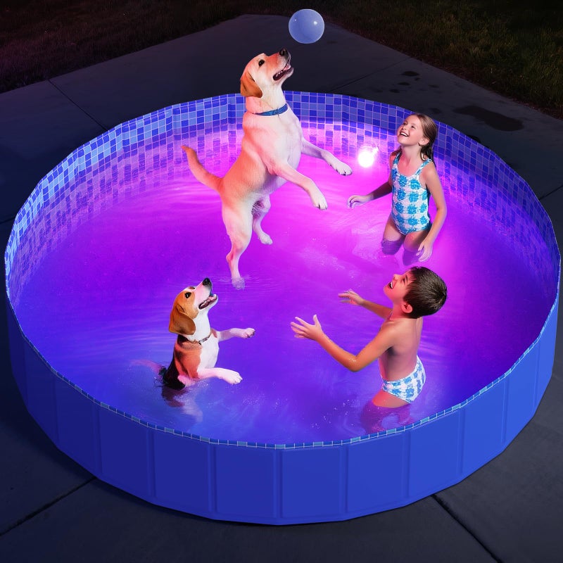 Pawtners Foldable Dog Pool with RGB LED Light 62 Collapsible Hard Plastic Kiddie Swimming Pool with Remote for Small Medium Large Doggie Kitty Puppy Pet Bathing Tub Wading Pool for Dogs Blue - Image 2