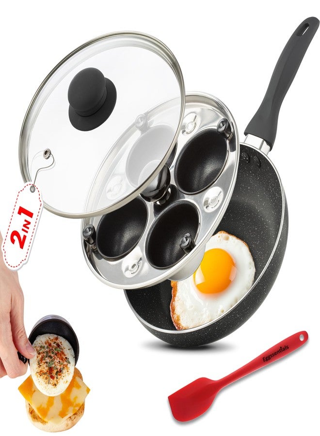 Eggssentials 2 IN 1 Egg Pan & Egg Poacher Pan, Granite Nonstick Fry Pan Poached Egg Maker and Frying Skillet with Lid, Poached Eggs Cooker Food Grade Safe PFOA Free with Spatula, Egg Cookware - 4 Cups - Image 1