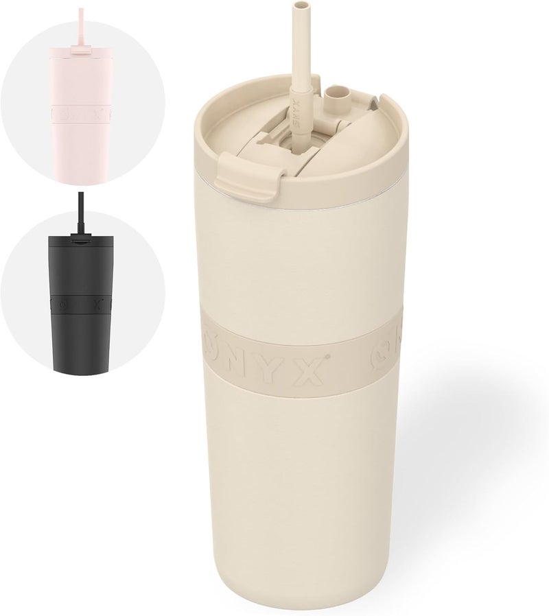 Onyx Drinking Bottle with Straw 700ML - Water Bottle for Children & Adults - Thermos Cup Stainless Steel Travel Mug - Motivational Drinking Canister - Drinking Cup for School - Beige - Image 1