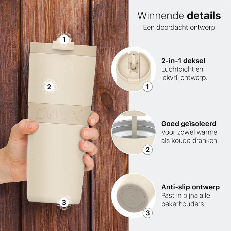 Onyx Drinking Bottle with Straw 700ML - Water Bottle for Children & Adults - Thermos Cup Stainless Steel Travel Mug - Motivational Drinking Canister - Drinking Cup for School - Beige - Image 2