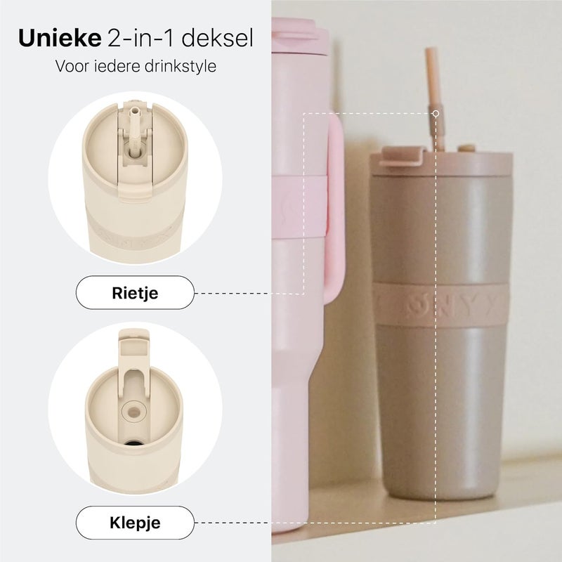 Onyx Drinking Bottle with Straw 700ML - Water Bottle for Children & Adults - Thermos Cup Stainless Steel Travel Mug - Motivational Drinking Canister - Drinking Cup for School - Beige - Image 3