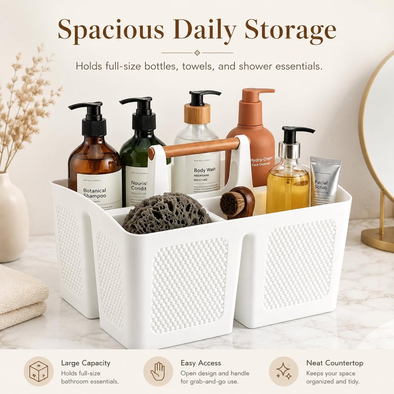 Haundry Plastic Shower Caddy Basket with 3 Compartments, Portable Divided Cleaning Caddy Organizer Storage Tote Bin with Handle for Bathroom, College Dorm Room Essentials, White - Image 4
