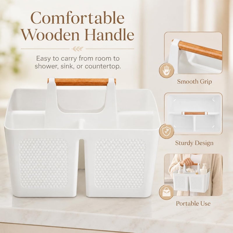 Haundry Plastic Shower Caddy Basket with 3 Compartments, Portable Divided Cleaning Caddy Organizer Storage Tote Bin with Handle for Bathroom, College Dorm Room Essentials, White - Image 3