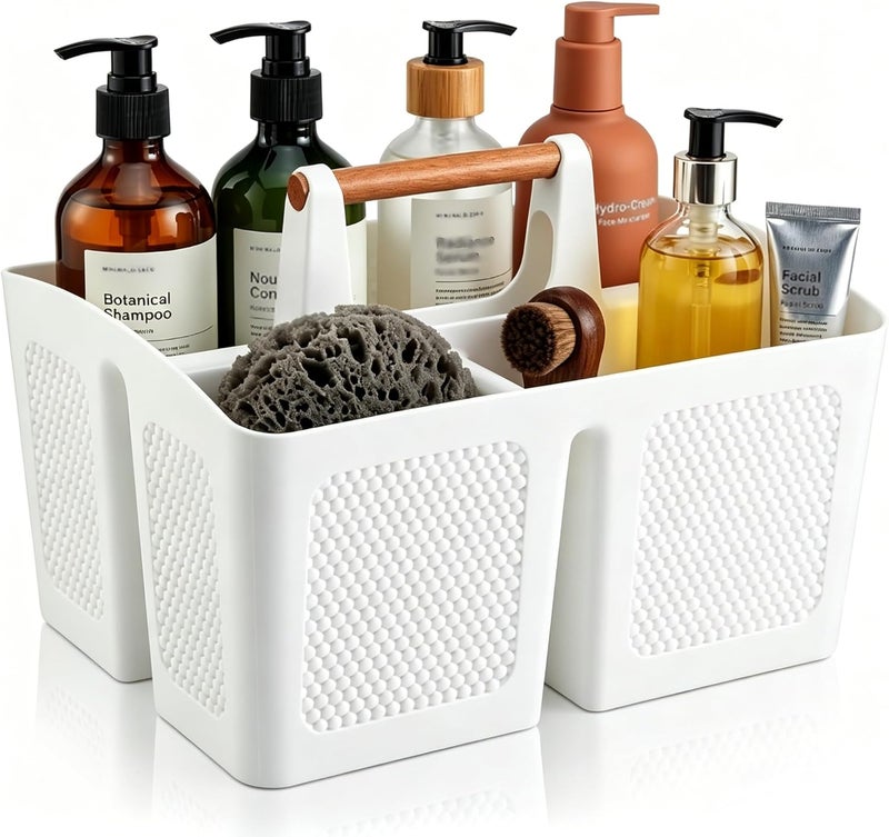 Haundry Plastic Shower Caddy Basket with 3 Compartments, Portable Divided Cleaning Caddy Organizer Storage Tote Bin with Handle for Bathroom, College Dorm Room Essentials, White - Image 1