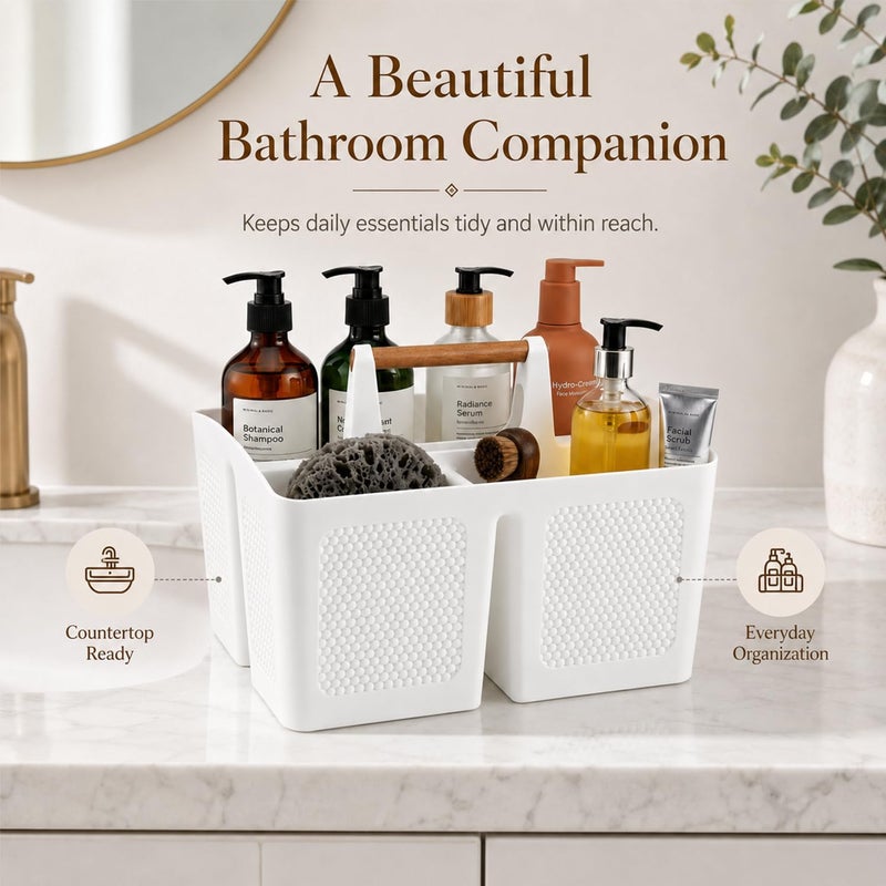 Haundry Plastic Shower Caddy Basket with 3 Compartments, Portable Divided Cleaning Caddy Organizer Storage Tote Bin with Handle for Bathroom, College Dorm Room Essentials, White - Image 5