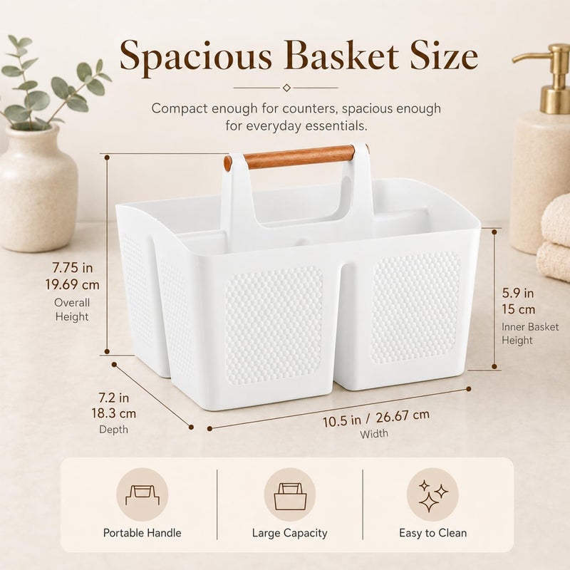 Haundry Plastic Shower Caddy Basket with 3 Compartments, Portable Divided Cleaning Caddy Organizer Storage Tote Bin with Handle for Bathroom, College Dorm Room Essentials, White - Image 2
