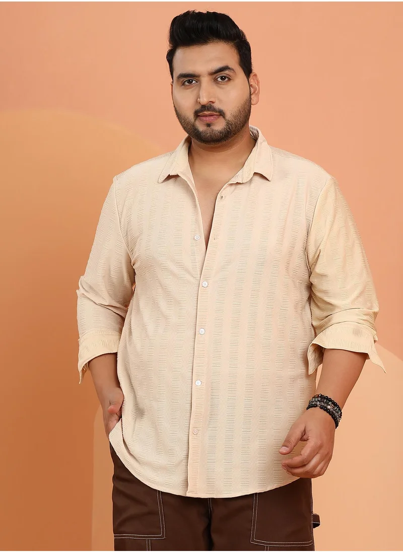 انستافاب بلس Instafab Plus Men's Buff Beige Ripple-Panel Tactile Shirt For Casual Wear | Spread Collar | Long Cuffed Sleeves | Button Closure | Plus Size Shirt Crafted With Comfort Fit For Everyday Wear