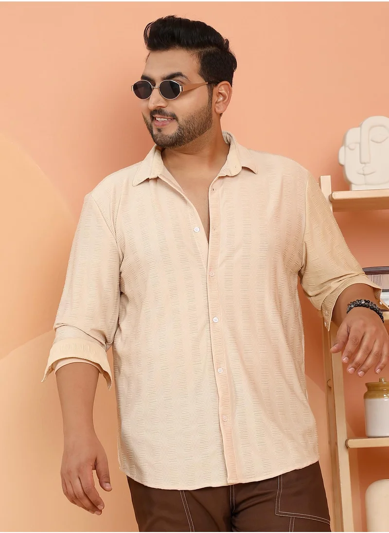 انستافاب بلس Instafab Plus Men's Buff Beige Ripple-Panel Tactile Shirt For Casual Wear | Spread Collar | Long Cuffed Sleeves | Button Closure | Plus Size Shirt Crafted With Comfort Fit For Everyday Wear