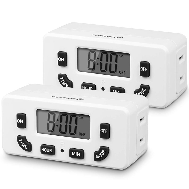 Fosmon 24 Hour Programmable Digital Timer Outlet (2 Pack), ON/Off Program, LCD Display, Mini Indoor Single Plug-in, 125V 15A for Seasonal Light, Lamp, Heater, Portable Fan, Aquarium - Image 1