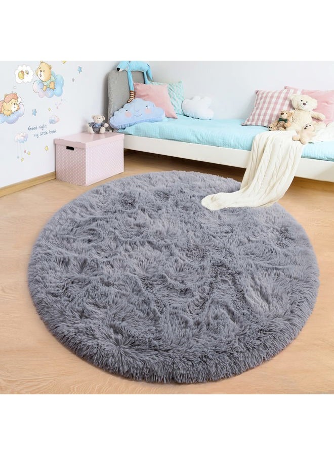 junovo Round Rug 4x4 Feet Fluffy Soft Area Rugs for Kids Girls Room Princess Castle Plush Shaggy Carpet Cute Circle Nursery Rug for Kids Girls Bedroom Baby Room Home Decor Circular Carpet, Grey - Image 4