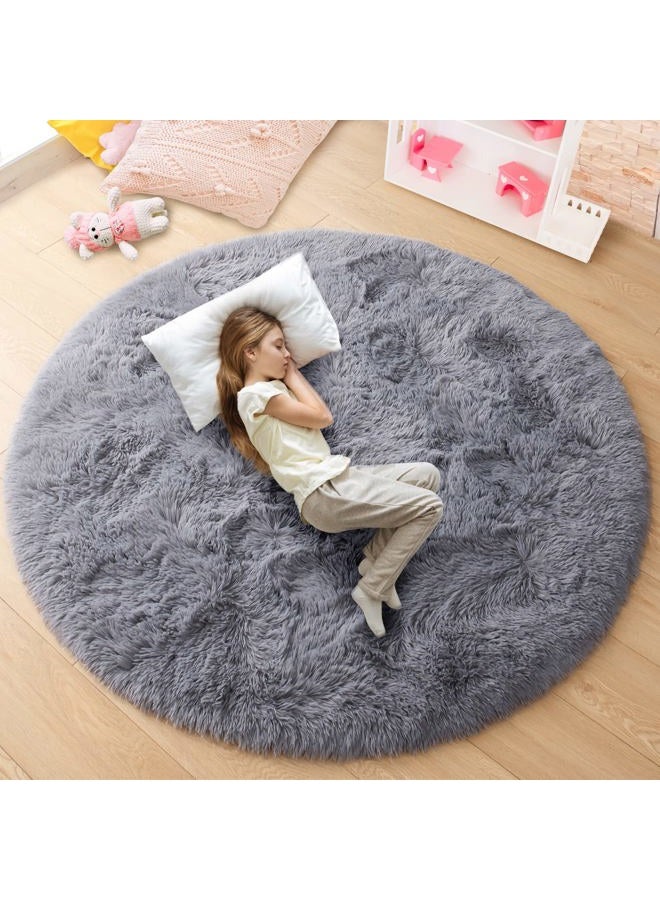 junovo Round Rug 4x4 Feet Fluffy Soft Area Rugs for Kids Girls Room Princess Castle Plush Shaggy Carpet Cute Circle Nursery Rug for Kids Girls Bedroom Baby Room Home Decor Circular Carpet, Grey - Image 1