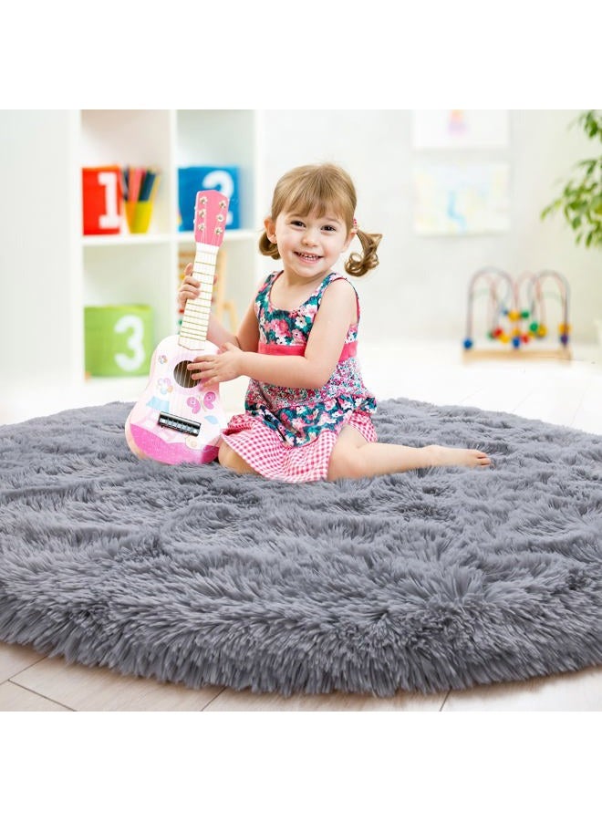 junovo Round Rug 4x4 Feet Fluffy Soft Area Rugs for Kids Girls Room Princess Castle Plush Shaggy Carpet Cute Circle Nursery Rug for Kids Girls Bedroom Baby Room Home Decor Circular Carpet, Grey - Image 2