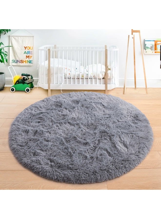 junovo Round Rug 4x4 Feet Fluffy Soft Area Rugs for Kids Girls Room Princess Castle Plush Shaggy Carpet Cute Circle Nursery Rug for Kids Girls Bedroom Baby Room Home Decor Circular Carpet, Grey - Image 3