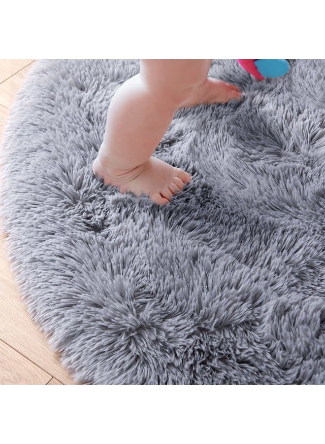 junovo Round Rug 4x4 Feet Fluffy Soft Area Rugs for Kids Girls Room Princess Castle Plush Shaggy Carpet Cute Circle Nursery Rug for Kids Girls Bedroom Baby Room Home Decor Circular Carpet, Grey - Image 5