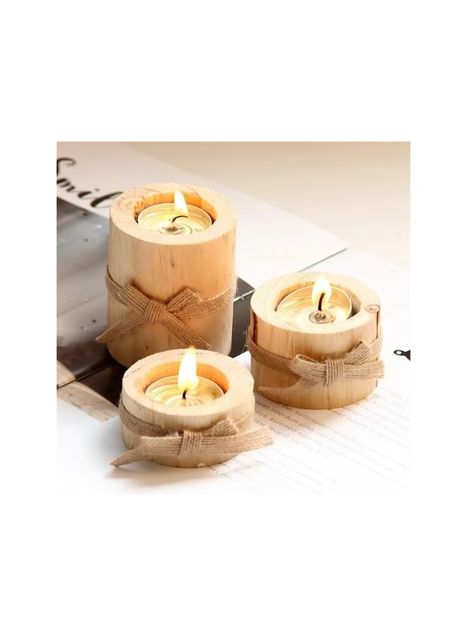 The Bros 3 Piece Rustic Wooden Tea Light Cylindrical Candlestick Holders with Bowknot & Succulent Pot – Decorative Table Centerpieces for Wedding, Party, Birthday, Holiday & Home Decoration - Image 5
