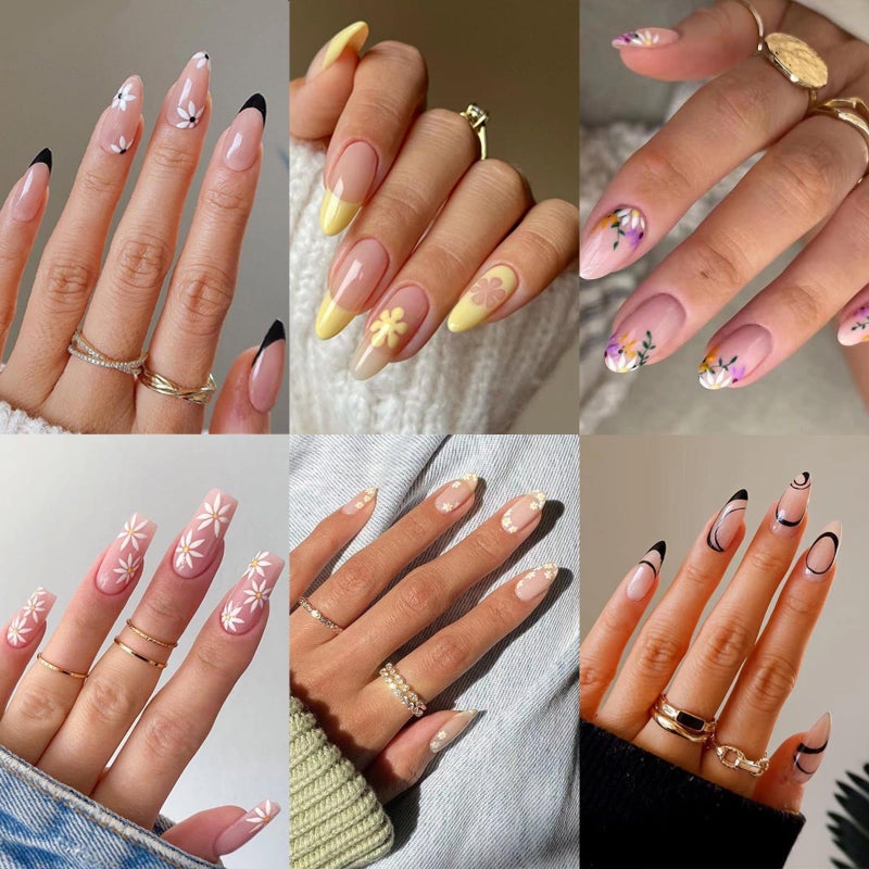 Jsiallye 6 Packs Press on Nails Medium,144Pcs French Press on Nails Almond,Ballet with Daisy,Glue on Nail in 12 Sizes - 24 Fake Nails Kit, Stick on Nails for Women - Image 1
