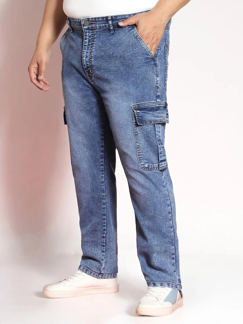 Urbano Fashion  Urbano Plus Men's Light Blue Regular Fit Washed Cargo Jeans with 6 Pockets Stretchable  | Best Price UAE