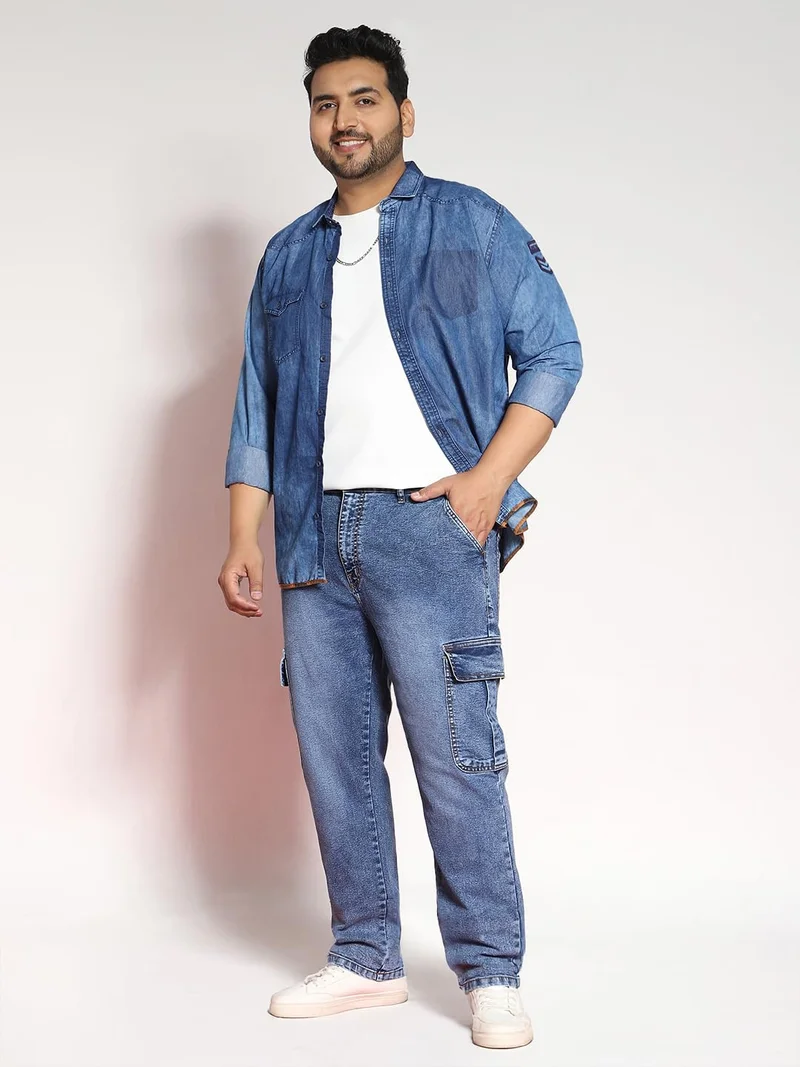 Urbano Fashion  Urbano Plus Men's Light Blue Regular Fit Washed Cargo Jeans with 6 Pockets Stretchable  | Best Price UAE