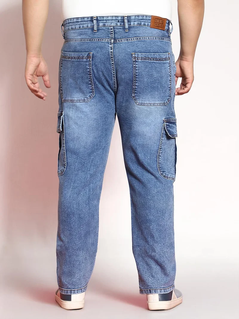 Urbano Fashion  Urbano Plus Men's Light Blue Regular Fit Washed Cargo Jeans with 6 Pockets Stretchable  | Best Price UAE