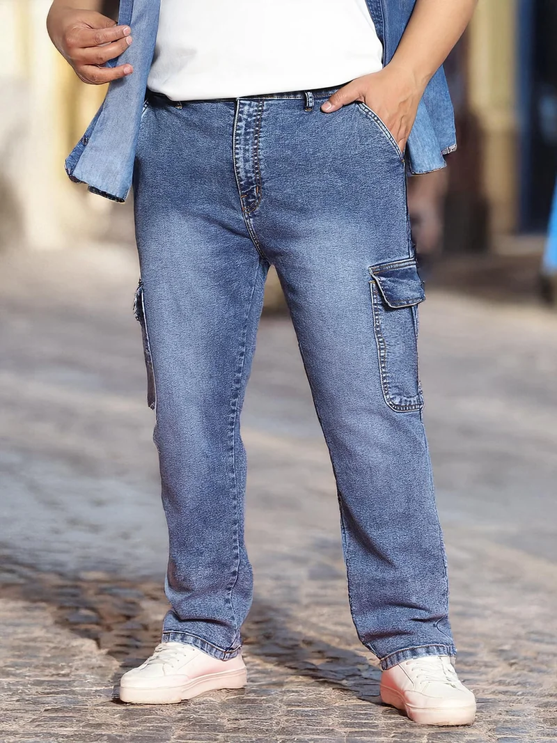Urbano Plus Men's Light Blue Regular Fit Washed Cargo Jeans with 6 Pockets Stretchable