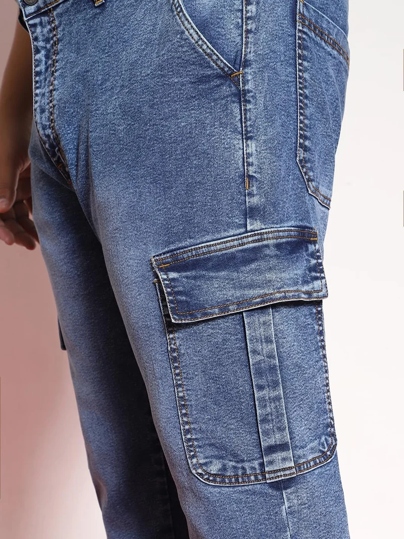 Urbano Fashion  Urbano Plus Men's Light Blue Regular Fit Washed Cargo Jeans with 6 Pockets Stretchable  | Best Price UAE