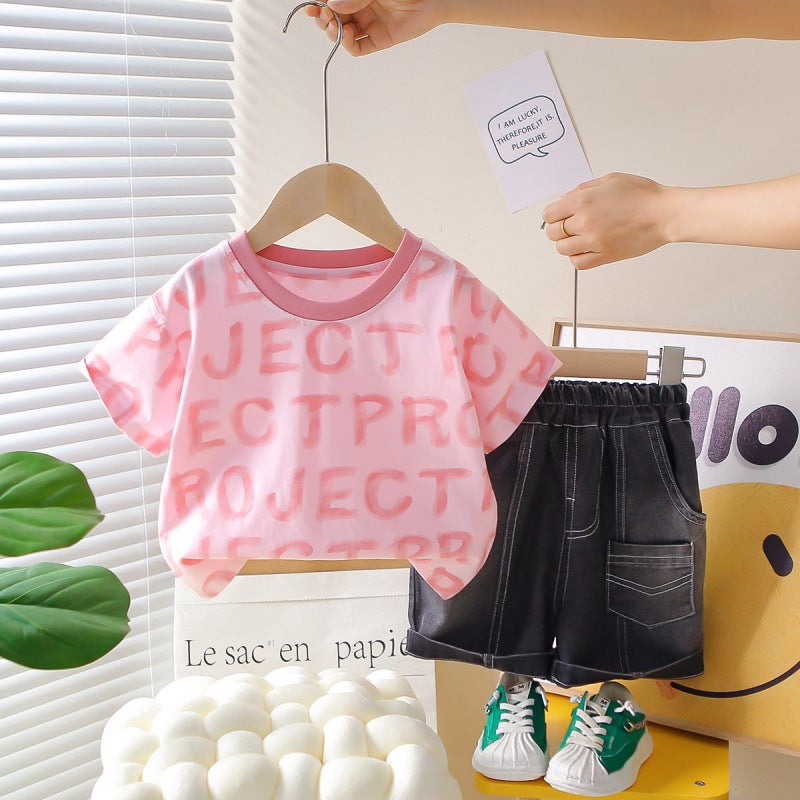 Children's Short-Sleeved T-Shirts for Boys and Girls in Summer Colorfulful Small and Medium-Sized Boys' Trendyy Short-Sleeved Full-Print English Jeans Batch 5 - Image 4
