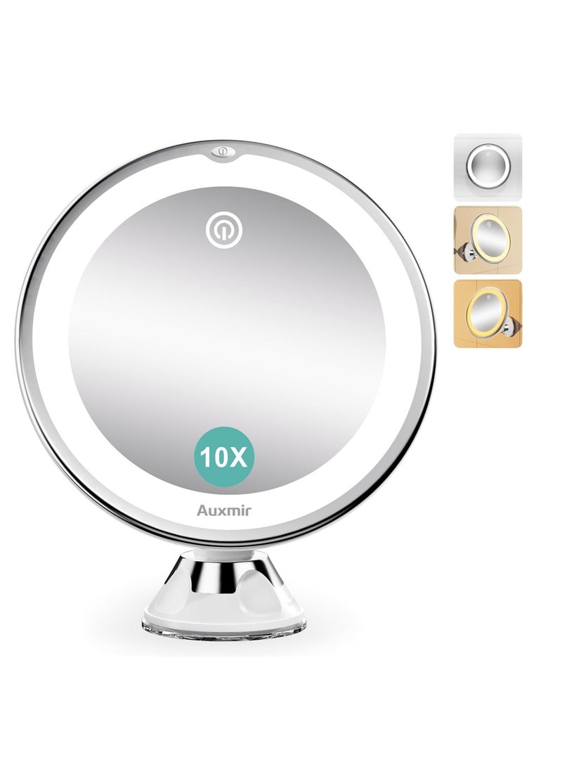 Auxmir Upgraded 10X Magnifying Lighted Makeup Mirror with 3 Color Lights, Touch Control, Dimmable Lighted Vanity Mirror with Power Suction Cup, 360° Swivel, Portable Bathroom Mirror for Home Travel  - Image 1