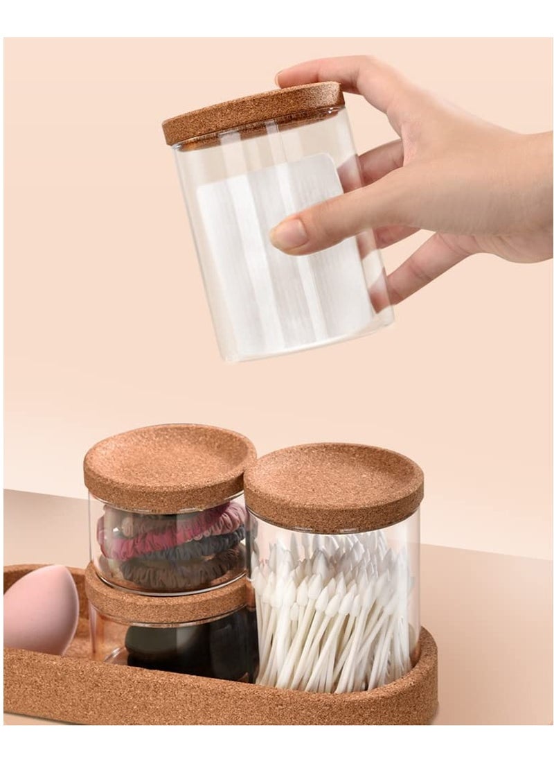 4 Pcs Glass Canister Bathroom Storage Organizer Apothecary Glass Jars Spice Jars with Lids for Cotton Swabs Pads Salts Sponges Hair Accessories Counter Sugar Cookie Herb Spice Glass and Tray - Image 4