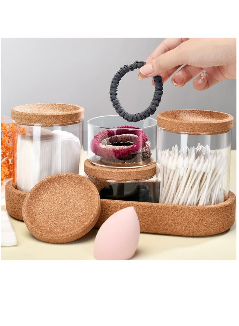4 Pcs Glass Canister Bathroom Storage Organizer Apothecary Glass Jars Spice Jars with Lids for Cotton Swabs Pads Salts Sponges Hair Accessories Counter Sugar Cookie Herb Spice Glass and Tray - Image 2