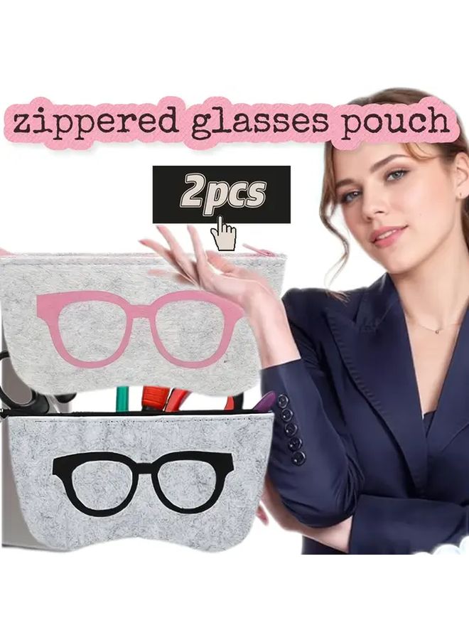 2pcs Black And Pink Soft Felt Zipper Eyeglass Case Travel Cosmetic Organizer - Image 1
