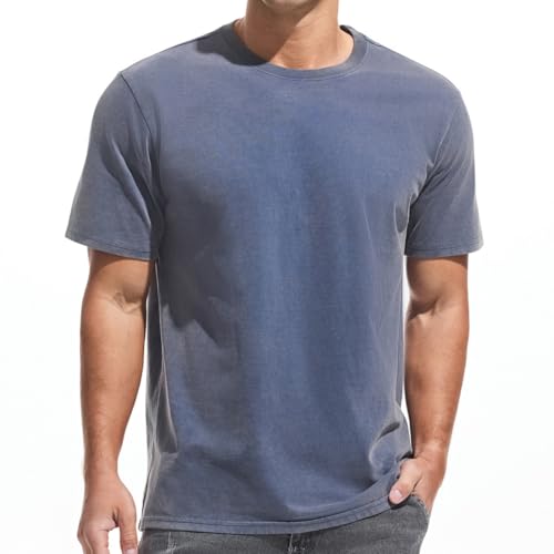 VEIISAR Men's Heavy Weight Crew Neck 100% Cotton T-Shirt - 250g/m² Thick Distressed Washed T-Shirts for Men （T2CS Royal Blue L） - Image 1