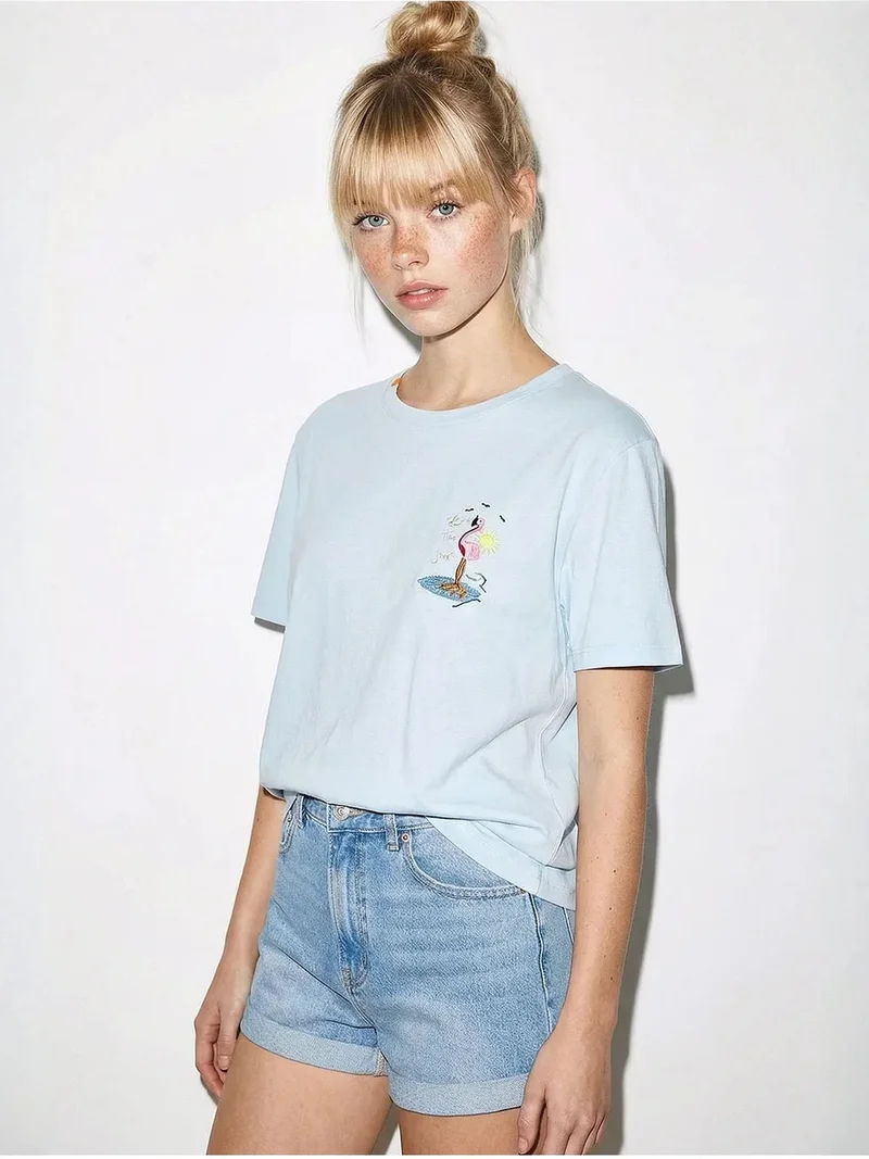 Bianco Lucci LUCCI Embroidered Crew Neck Cotton T-Shirt