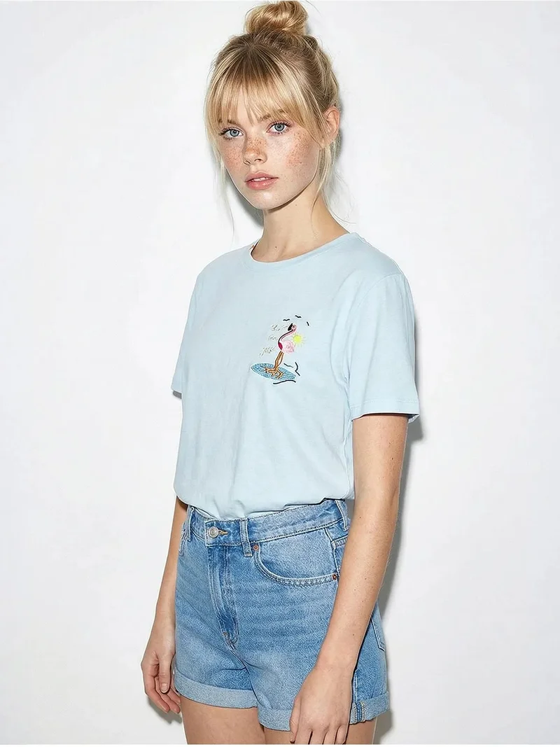 Bianco Lucci LUCCI Embroidered Crew Neck Cotton T-Shirt