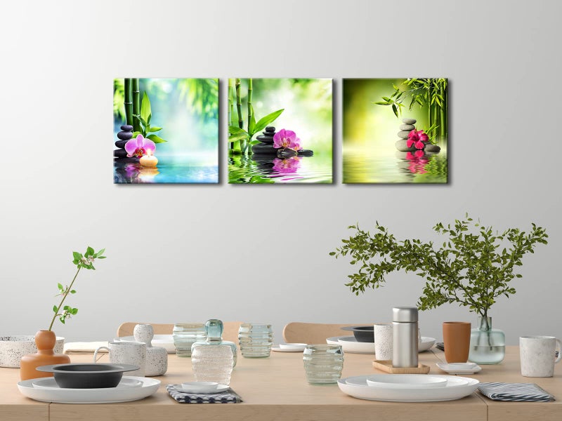 Pyradecor 3 Pieces Spa Zen Stone Canvas Wall Art Modern Romance Green Bamboo Pink Flowers Paintings Pictures for Living Room Bedroom Home Office Decoration - Image 4