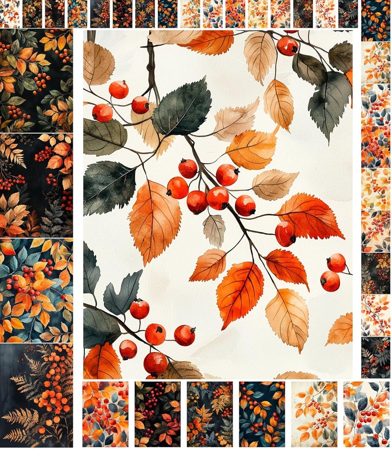 Flonz Decoupage Paper Pack (35 Sheets 6"x8") Autumn Berries: Rich Orange and Red Leaves with Vibrant Berries and Golden-Hued Foliage in Seasonal Nature-Inspired Designs. Vintage - Image 1