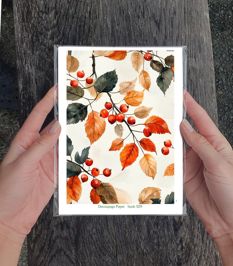 Flonz Decoupage Paper Pack (35 Sheets 6"x8") Autumn Berries: Rich Orange and Red Leaves with Vibrant Berries and Golden-Hued Foliage in Seasonal Nature-Inspired Designs. Vintage - Image 3
