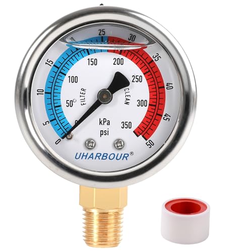 UHARBOUR Water Pressure Gauge Glycerin Filled Pool Filter Pressure Gauge 050 PSI350KPA2 Dial and 14 NPT Bottom Mount Including Seal Tape