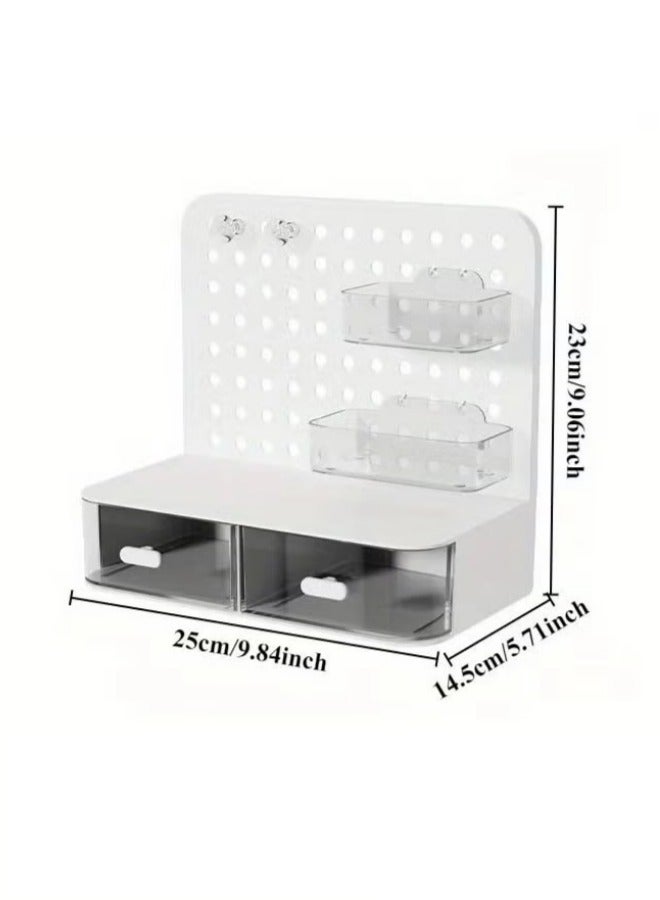 Desk Organizer with Drawer, Type Hole Board, Small Card Stand Display, Office Desktop Storage Box, Business Card/Pen/Pencil/Mobile Phone/Stationery Holder Storage Box, Makeup Organizer for Office School Home (White)  - Image 2