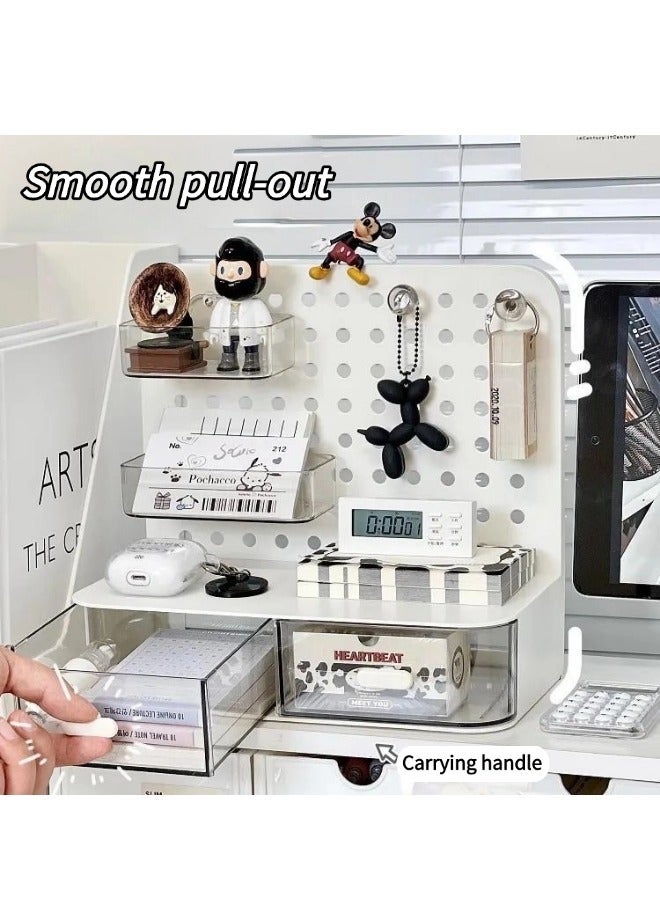 Desk Organizer with Drawer, Type Hole Board, Small Card Stand Display, Office Desktop Storage Box, Business Card/Pen/Pencil/Mobile Phone/Stationery Holder Storage Box, Makeup Organizer for Office School Home (White)  - Image 4