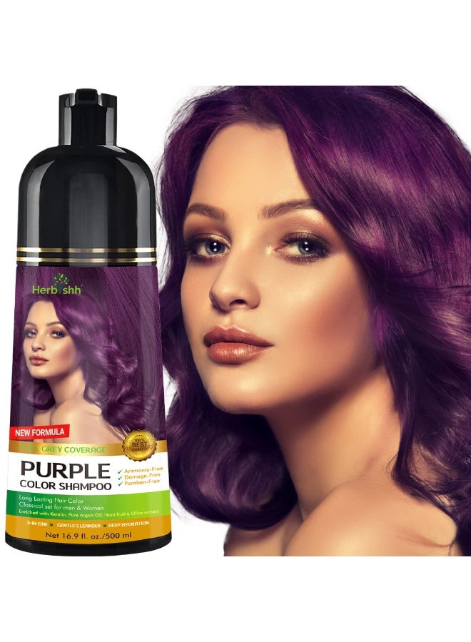 Herbishh Purple Hair Color Shampoo for Gray Hair - 3-in-1 Ammonia-Free Natural Hair Dye - 500 ml - Image 1