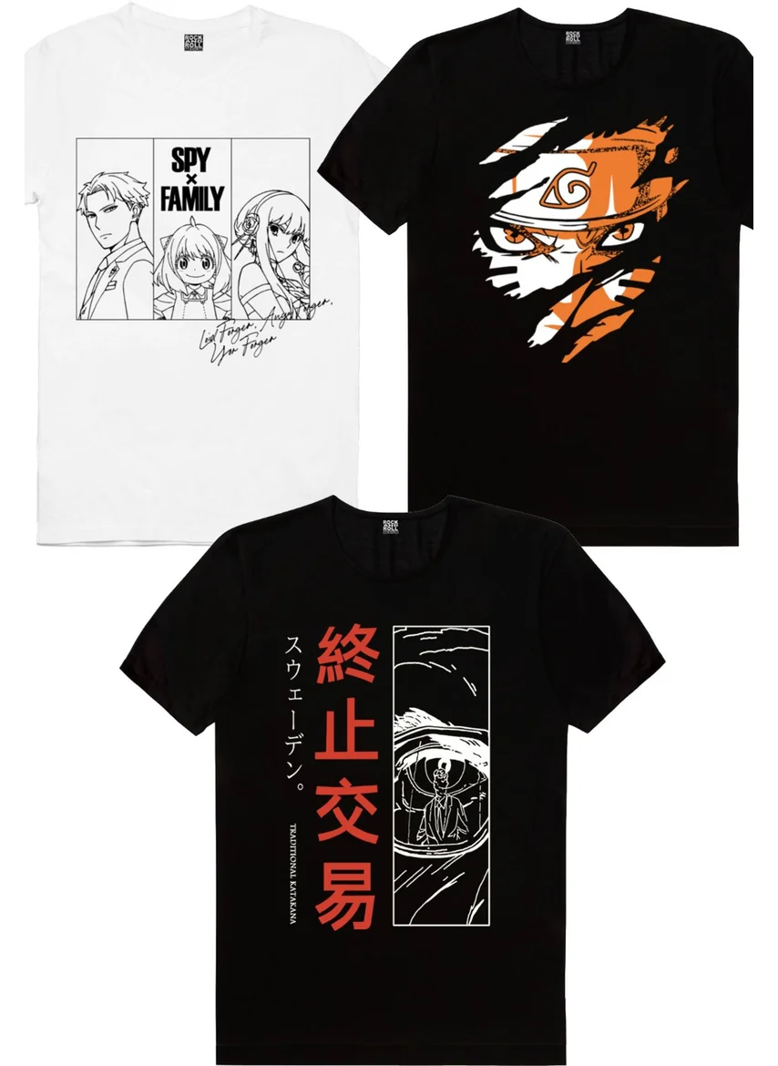 Rock&Roll Rock & Roll Spy Family White, Tough Naruto, One Eye Black Men's T-Shirt 3-Pack Eco Pack
